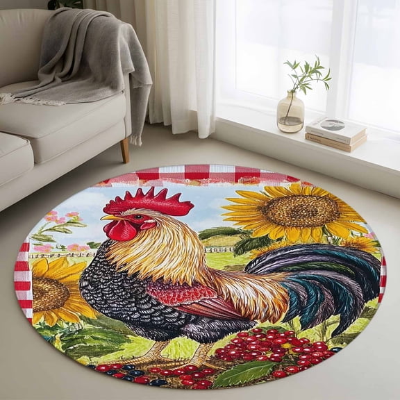 Vintage Rooster Round Rug 3ft Washable Circle Entryway Rugs Non Slip Sunflower Plaid Pastoral Animals Area Rug Indoor Floor Carpet for Bedroom Kitchen Living Room Home Office Dining Room Nursery