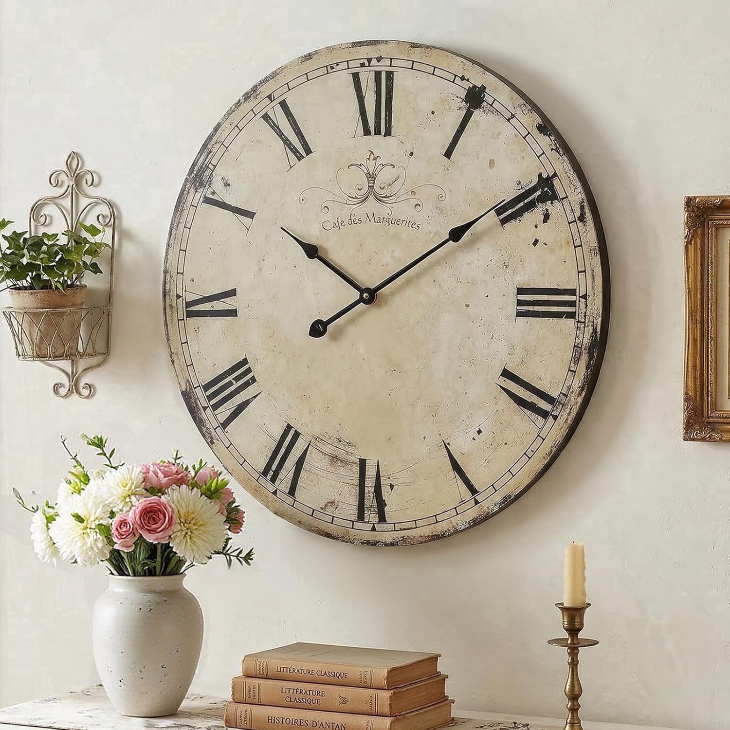 MODE HOME 24 Large Vintage Yellow Wall Clock, Silent Non-Ticking Farmhouse Decor, Roman Numerals, Battery Operated Round Clock for Living Room, Kitchen