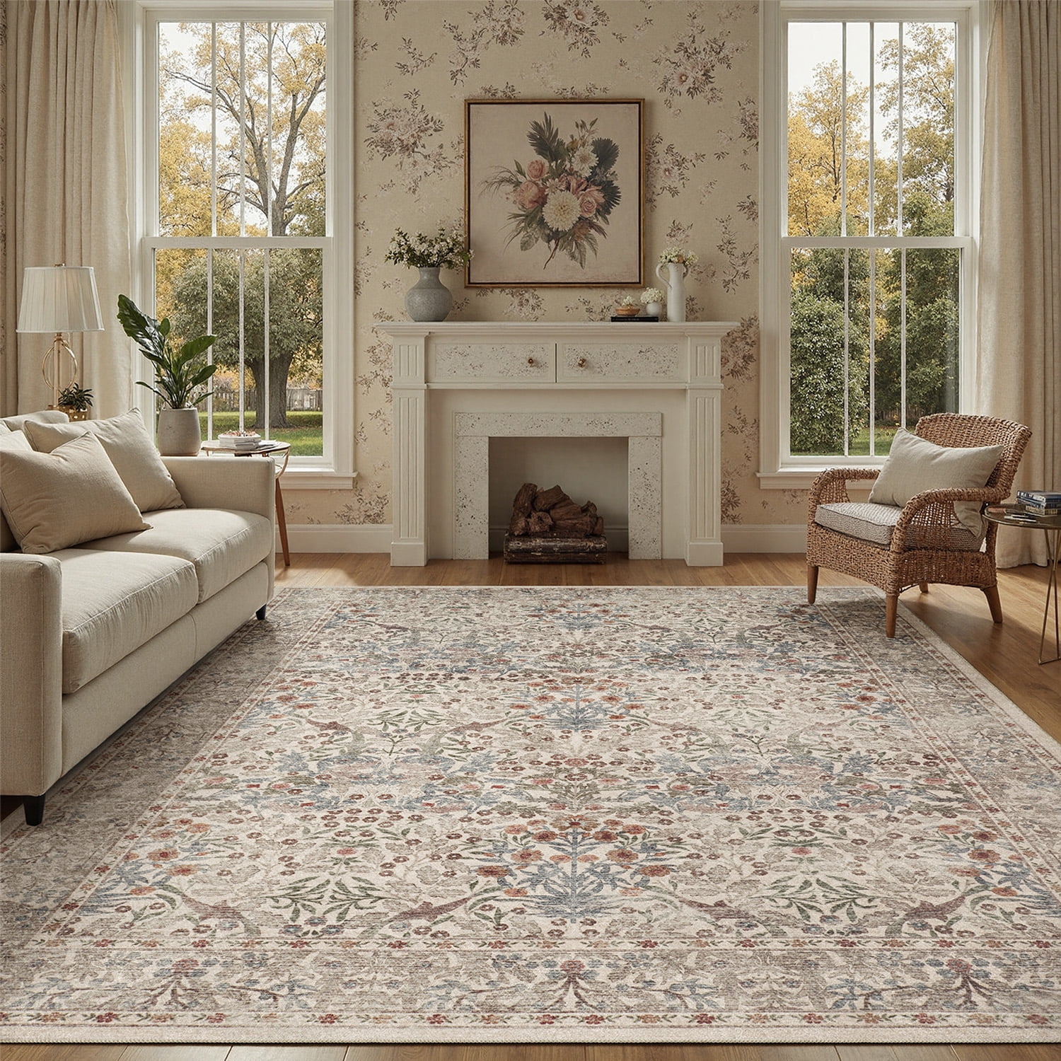 5x7 Area Rug, Machine Washable Non Slip Stain Resistant Soft Vintage Floral Rug, for Living Room, Dining Room, Soft Low Pile Large Carpet-Beige