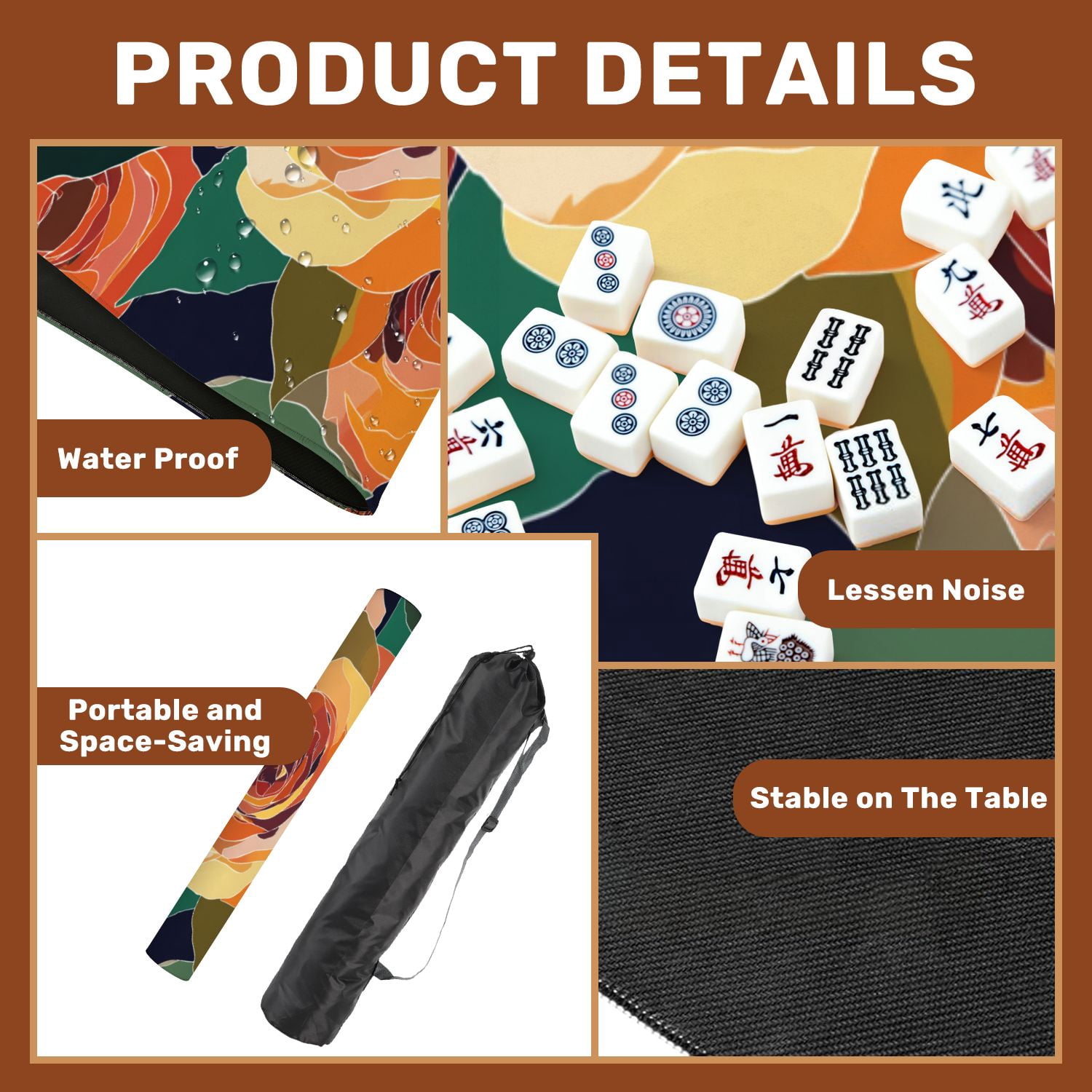 Mahjong Mat 31.5" x 31.5" Artistic seamless abstract flowers Creative collage Non-Slip Noise Reduction American Mahjong Tiles Table Cover for Dominoes Poker Card Board Games Gift