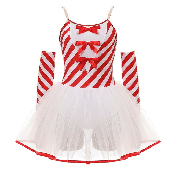 YONGHS Womens Candy Cane Leotard Tutu Dress with Gloves Christmas Holiday Party Elf Outfits Red S