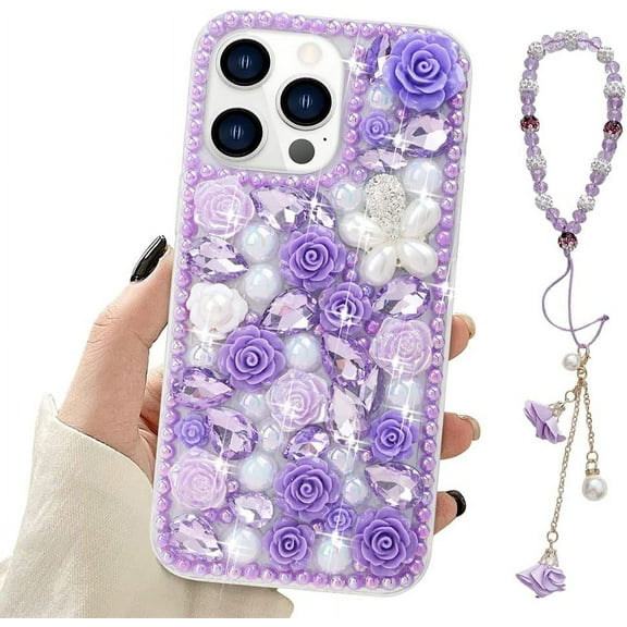 Compatible with iPhone 15 Pro Bling Case with Strap, Luxury Glitter Rhinestone Diamond Crystal Sparkle Rose Flower Pearl Floral Bracelets Soft Bumper Case Cover for Women Girls Purple