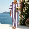 thumbnail image 4 of Uscallm Women Plus Size V Neck Short Sleeve Boho Flowy Striped Maxi Dresses Loose Casual Beach Vacation Swing Long Dresses with Elastic Waist, Purple XL, 4 of 8