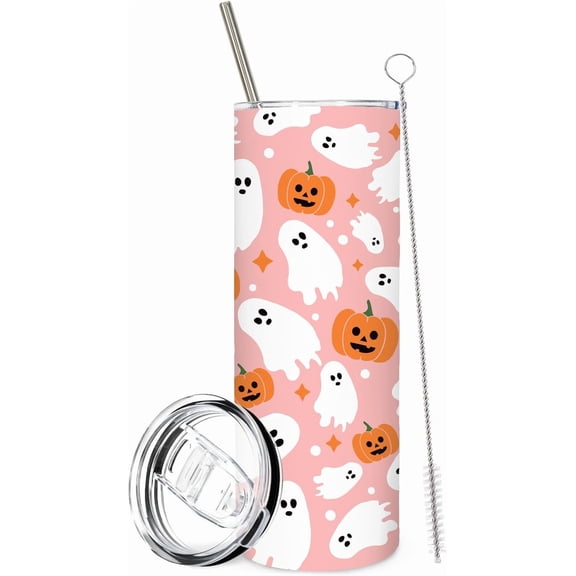Halloween Tumbler with Straw Lid Pink Boo Ghost Pumpkin Stainless Steel Cup for Birthday Baby Shower Trick or Treat Party Gifts, 20 Oz