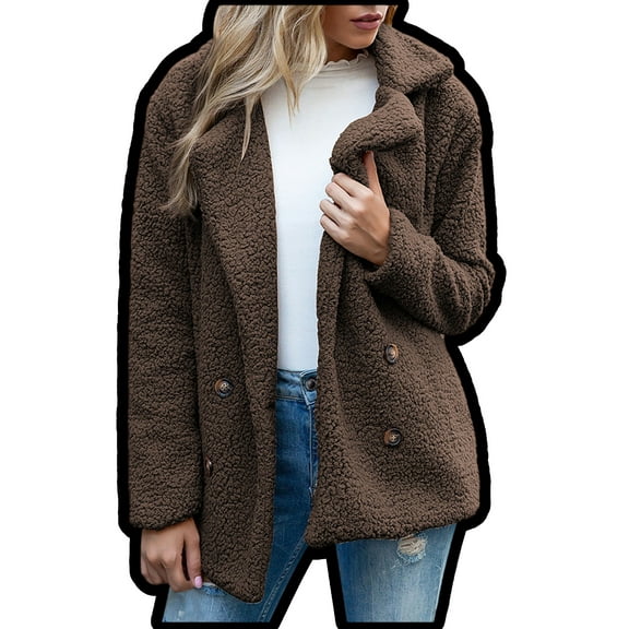 Winter Warm Lightweight Sherpa Jackets Women Casual Solid Color Long Sleeve Jacket with Pockets Lounge Outwear Lapel Neck Double Breasted Coats
