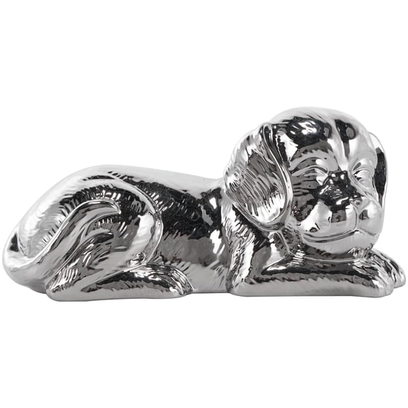 10" x 5" Silver Ceramic Laying Dog Sculpture with Matte Finish, by DecMode