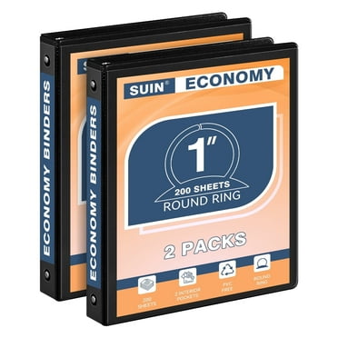 SUIN Economy 1 inch 3 Ring Binder for Work, Clear View Cover, Two Pocket, 2-Pack, Black