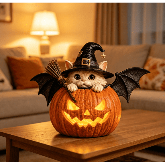 Lighted Witch Cat Pumpkin Decor with Flickering LED Timer, Warm Glow Cat Witch Pumpkin Light for Patio Home Party Decor