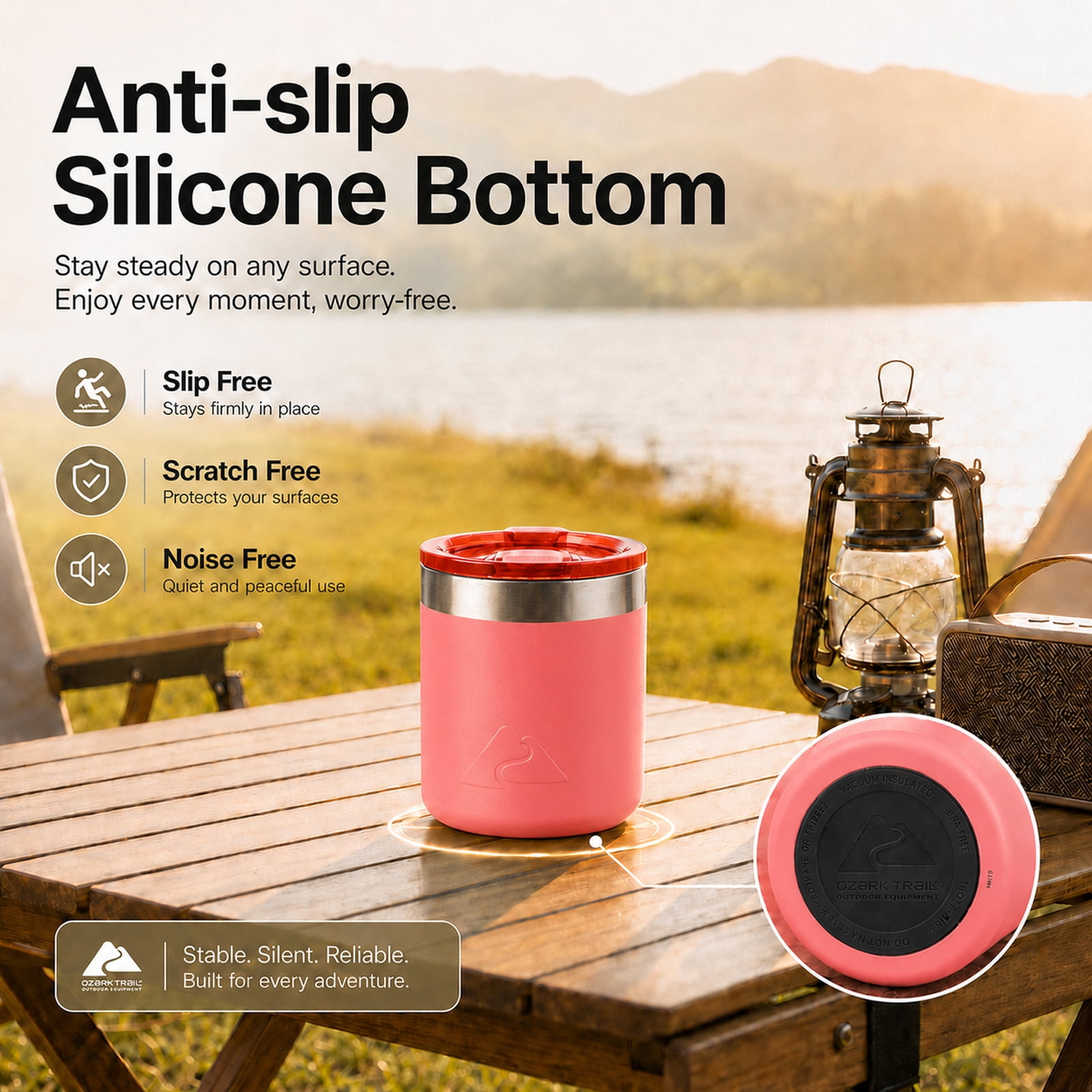 Ozark Trail 10oz Ceramic Lined Stainless Steel Lowball Tumbler with Magnetic Tritan Transparent Slider Lid, Coral