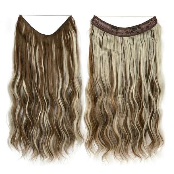 Xiao Hua Extensiones de cabello de alambre, gruesas, rizadas, onduladas, invisibles, con clip, sintéticas, para mujer, 16 pulgadas, color rubio castaño.
