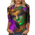 thumbnail image 2 of Cavosen Mardi Gras 3/4 Sleeve Shirts for Women Crew Neck Holiday Carnival Shirts Mask Graphic Print Blouse Festival Stylish Tops Loose Workout T-Shirts Party Shrove Tuesday Tees M, 2 of 5