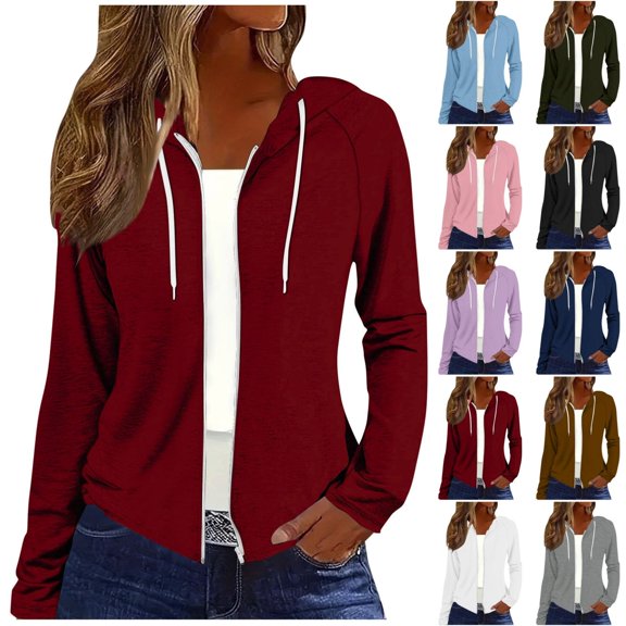 Qingpeng Womens Solid Color Zipper Up Hoodie Lightweight Long Sleeve Drawstring Hooded Casual Open Front Outerwear Daily Tops