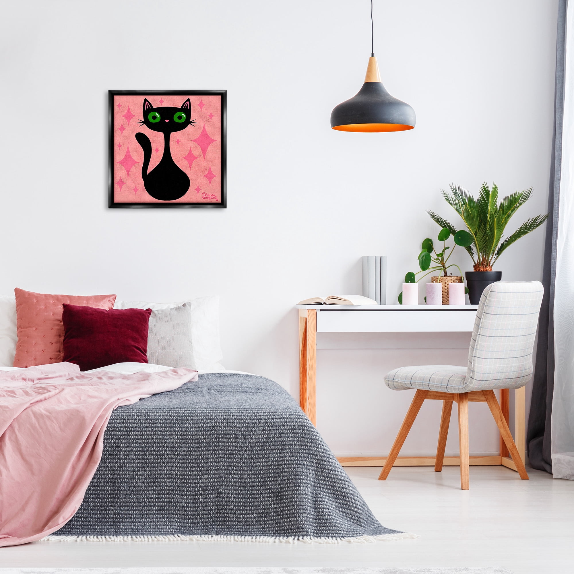 Stupell Industries Cat with Pink Diamonds Animals & Insects Painting Black Floater Framed Canvas Art Print Wall Art, 25 x 25