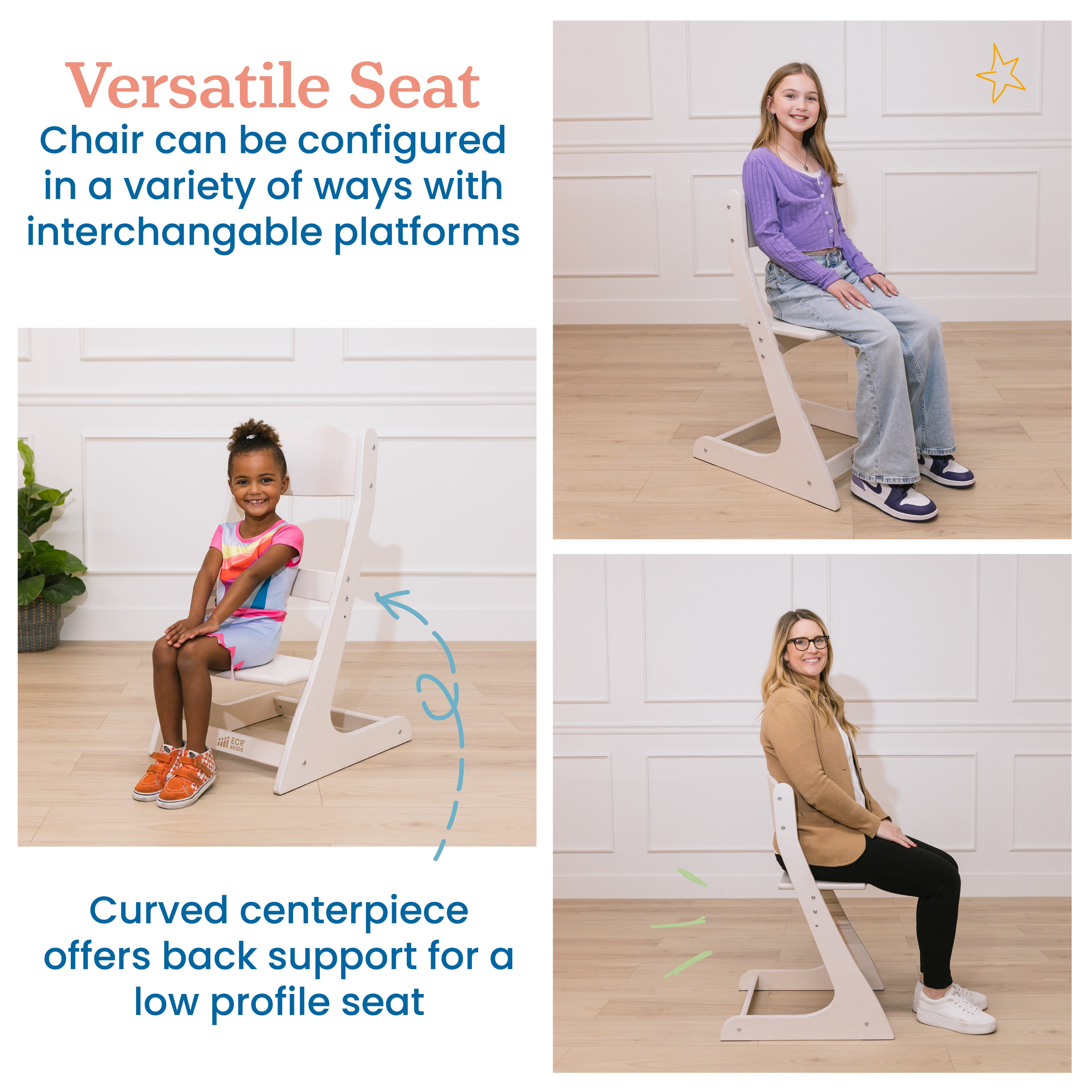 ECR4Kids Wooden Adjustable Grows with Me Transitional Chair, Montessori Furniture, White Wash