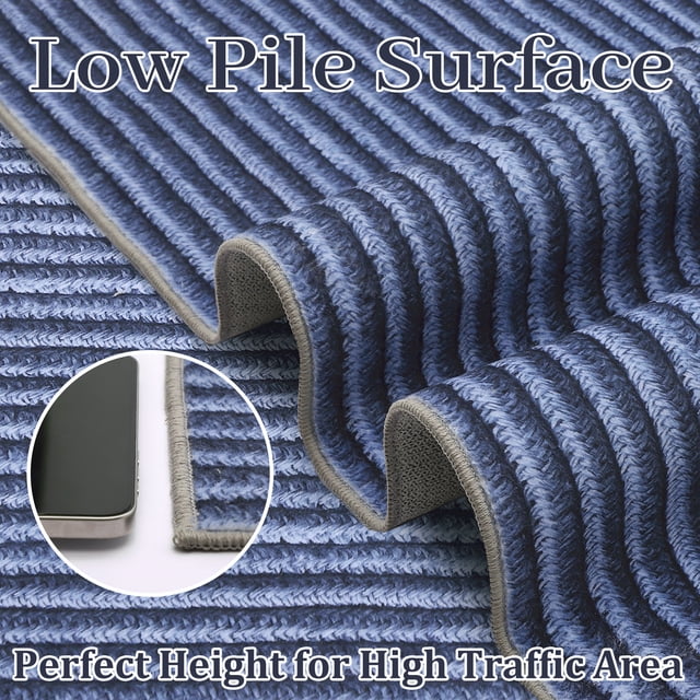 9x12 Large Washable Area Rug – Non-Slip Modern Stripe Floor Carpet, Low Pile Non-Shedding Velvet Soft Rug, Foldable Printed Rug for Living Room, Bedroom, Dining Room, Office – Blue Tones