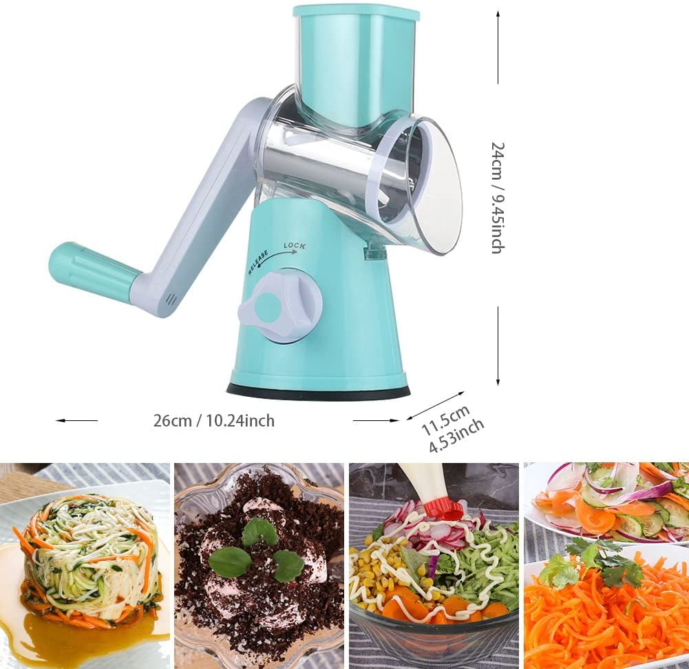 Cambom Manual Rotary Cheese Graters Round Mandoline Slicer Cheese Shredder Vegetable Slicer Walnuts Grinder with Strong-Hold Suction Cup Base and Cleaning Brush FDA Certification 