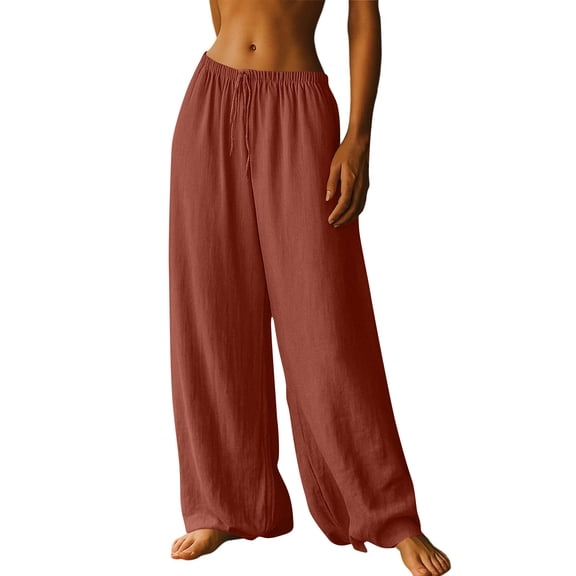 Karight Womens High Waist Wide Leg Pants Drawstring Elastic Waist Flowy Linen Style Casual Palazzo Pants