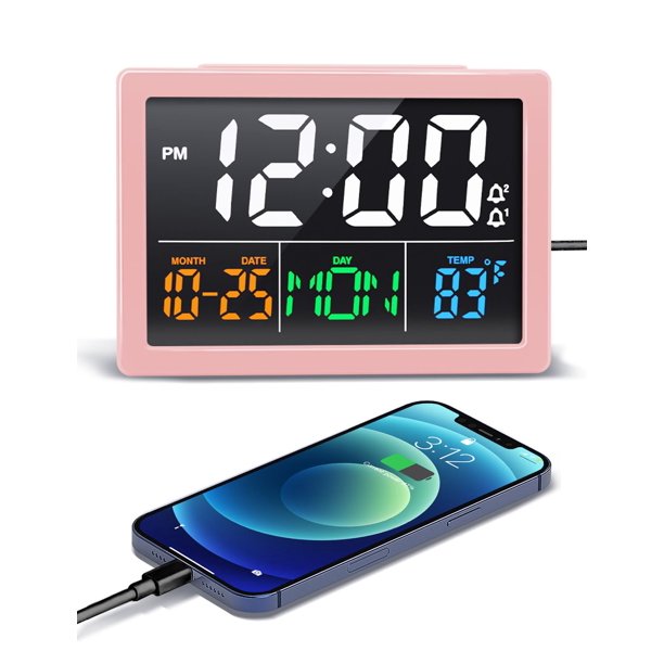 Reloj despertador digital JALL con cargador LED USB de 5.5 pulgadas, color rosa