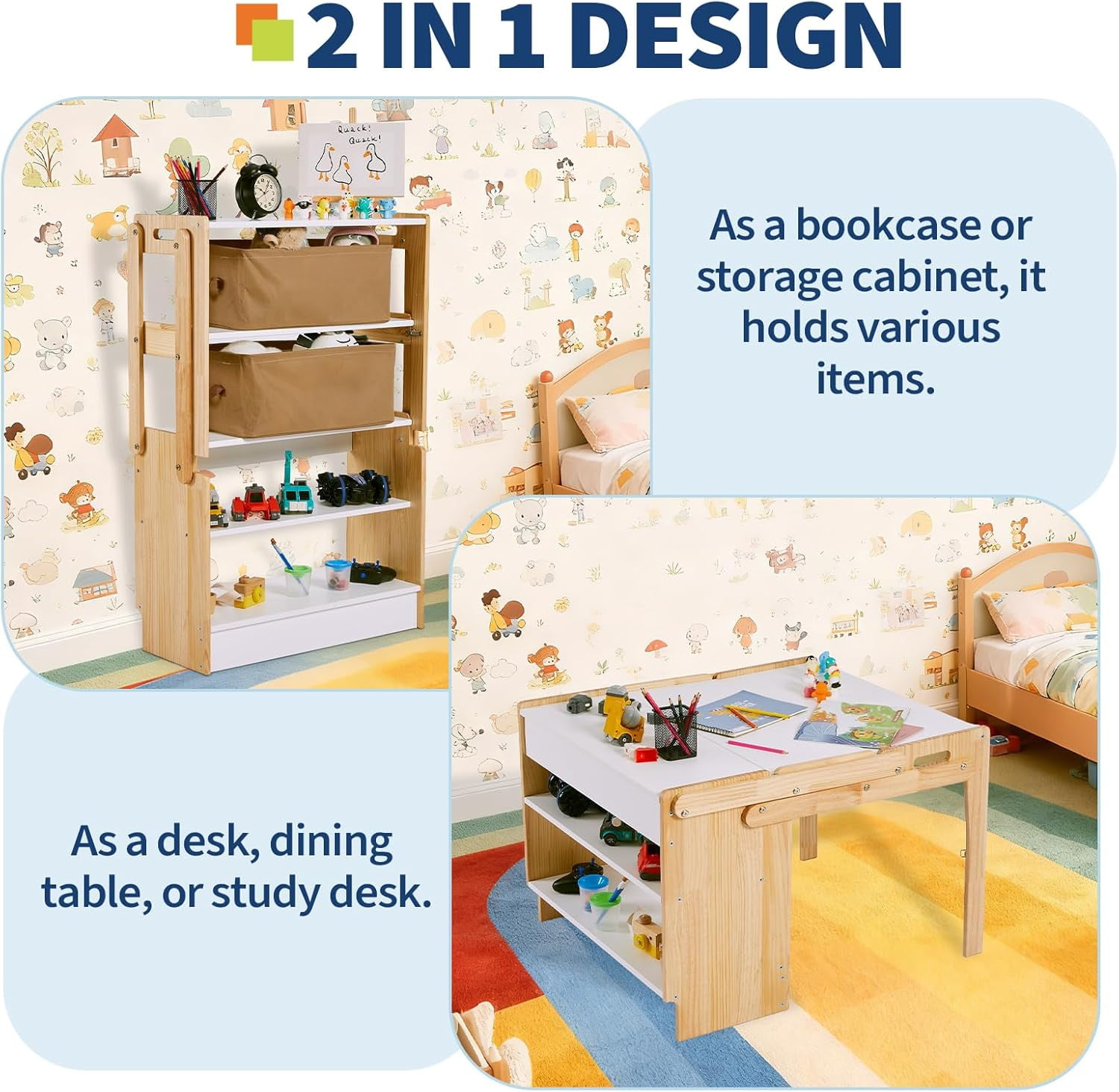 Garvee Kids Art Table and 1 Chair Set, 27.5 in Convertible Toddler Activity Table to Storage Shelves, Craft Play Desk for Kids with 2 Storage Box, Toddler Table and Chair Set for Playrooms