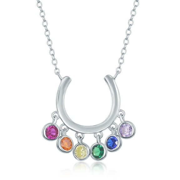 925 Sterling Silver Rhodium Plated/Gold Plated High Polished Rainbow Multi-Colored Cubic Zirconia Horseshoe 16 2’’ Dangling Necklace