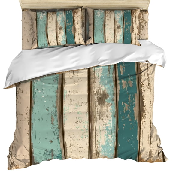 Farmhouse Teal Brown Duvet Cover Set, Vintage Retro Ombre Wooden Soft Duvet Cover Queen Size Bedding Set 4 Pieces, 1 Quiltcover and 2 Pillowcases with Zipper, 1 Bed Sheet for All Seasons