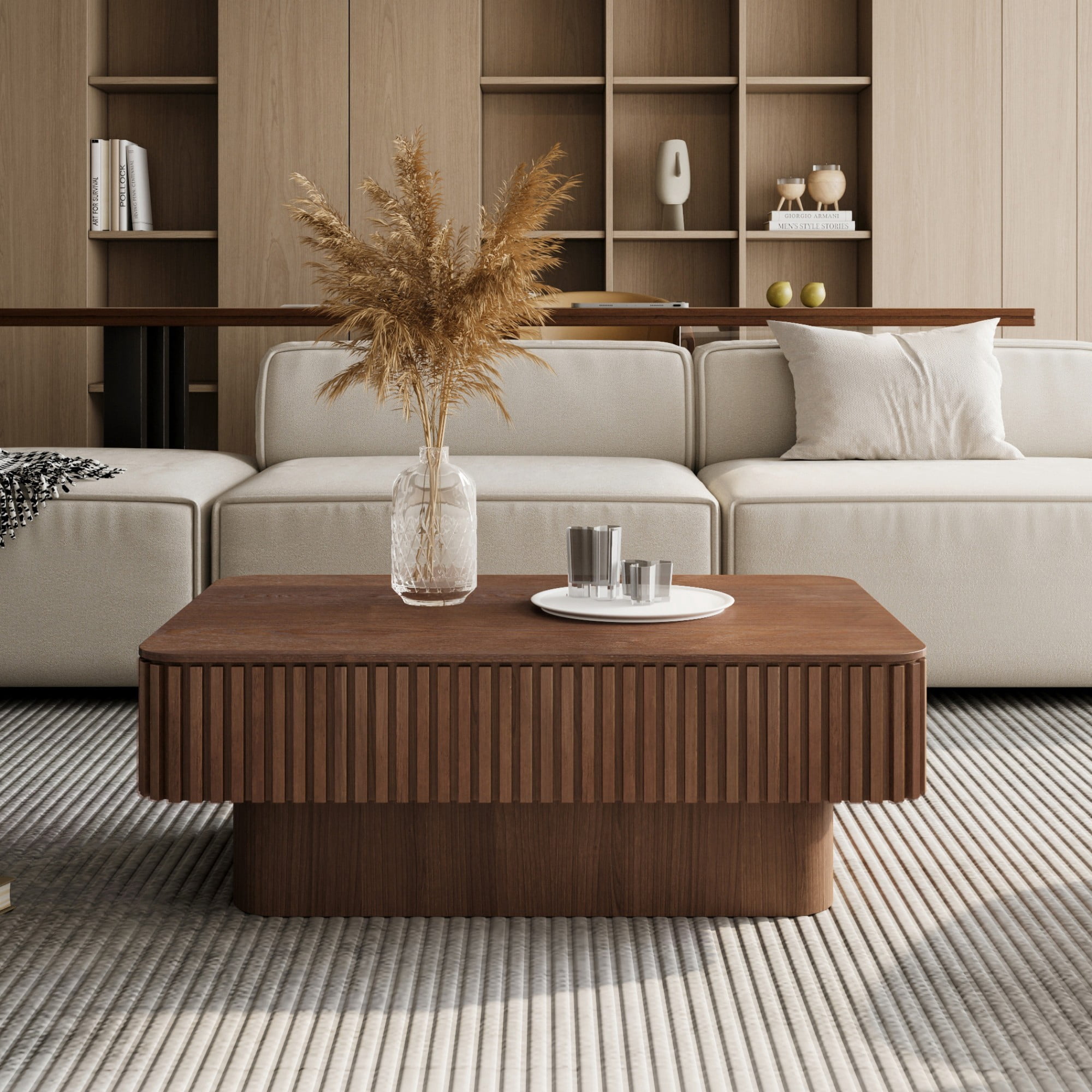 Lift Top Coffee Table with Storage, 38.6" Fluted Coffee Table with Adjustable Height, Modern Wood Veneer Center Table for Living Room, Walnut