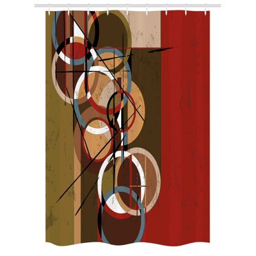 Modern Art Stall Shower Curtain, Retro Surreal Abstract Circular and Square Shaped Artwork Lines on Murky Base, Fabric Bathroom Set with Hooks, 54W X 78L Inches, Multicolor, by Ambesonne