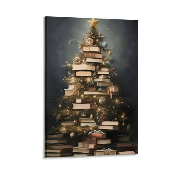 Framed Christmas Tree Canvas Art Print with Books And Star Topper, Festive Holiday Wall Decor for Living Room Or Bedroom, Stretched Canvas Painting with Warm Lighting Effect, Perfect for C