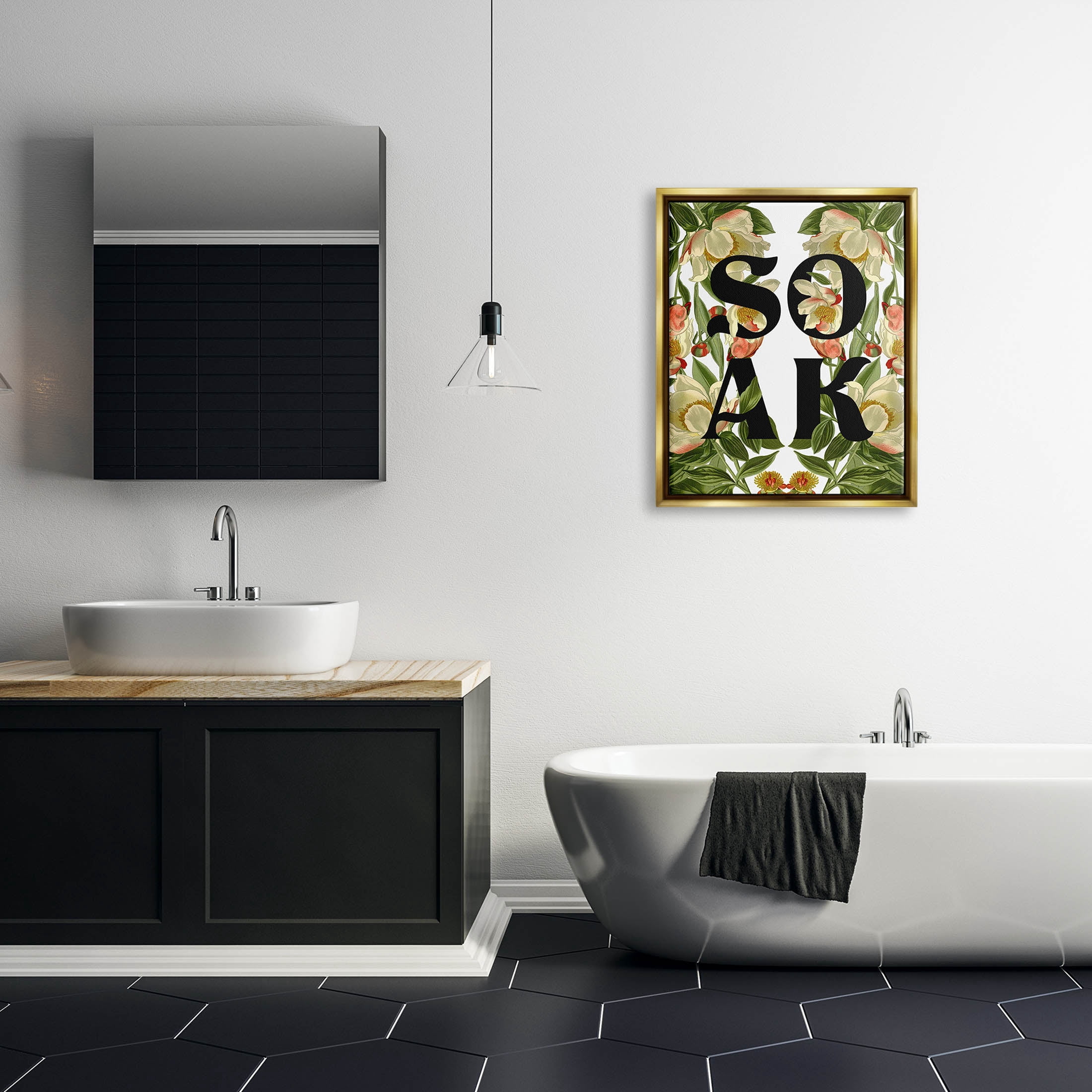 Soak Bathroom Floral Sign Botanical & Floral Graphic Art Metallic Gold Framed Art Print Wall Art