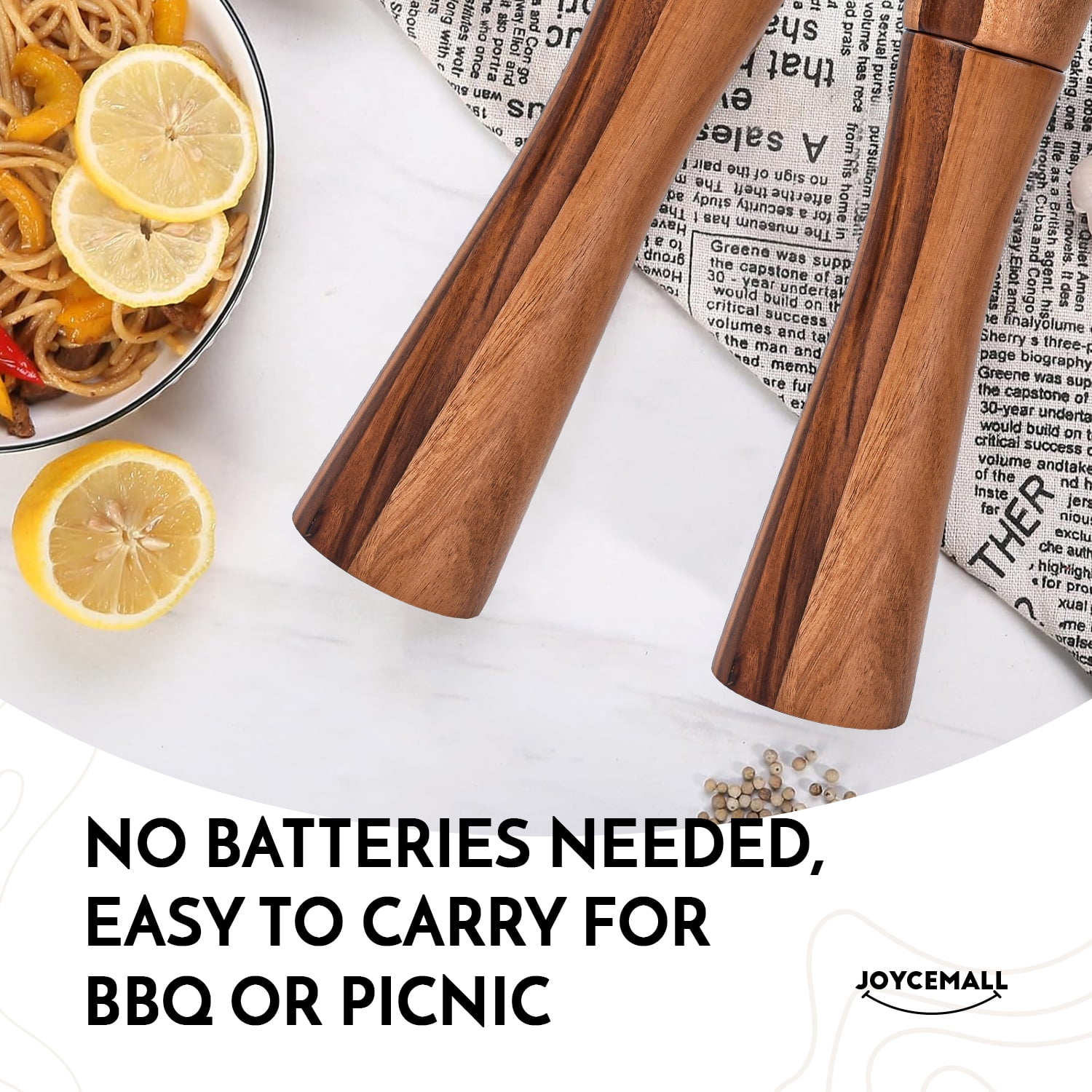 6.5 inch Wood Salt and Pepper Grinder Set, JOYCEMALL Set of 6 Manual Salt and Pepper Grinder with Ceramic Grinding Rotor - Pepper and Salt Mill, Wooden Standing Tray, 2 Cleaning brushes, Spoon