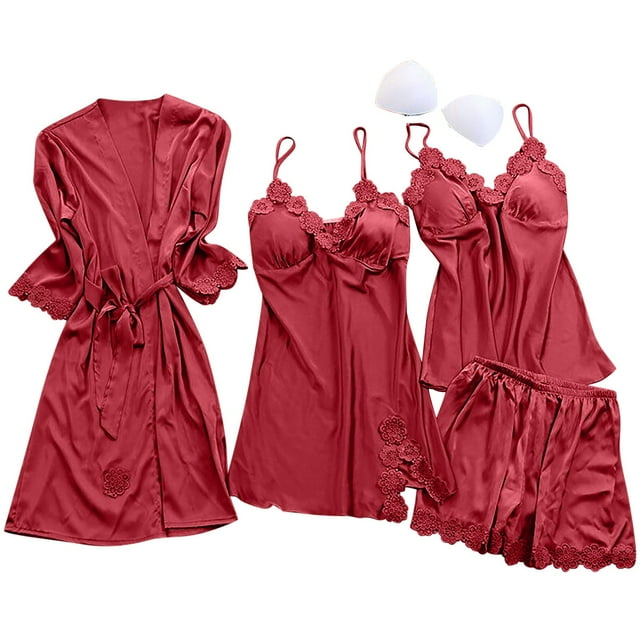 Yuyuzo Satin Pajama Set for Women 4 Piece Lounge Outfits Nightgowns Cami Dress Tank Tops and Shorts