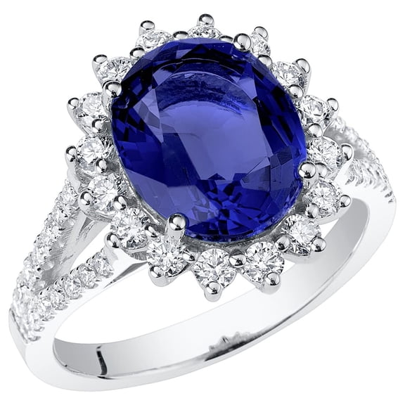 PEORA 14K White Gold Created Blue Sapphire and Lab Grown Diamond Ring for Women, 6.25 Carats Total, 11x9mm Oval Shape, Size 8.5