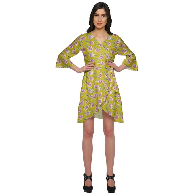 Moomaya Robe en Rayonne Style à Volants pour Femmes, Légère, Imprimée, Croisée, Vêtement de Nuit