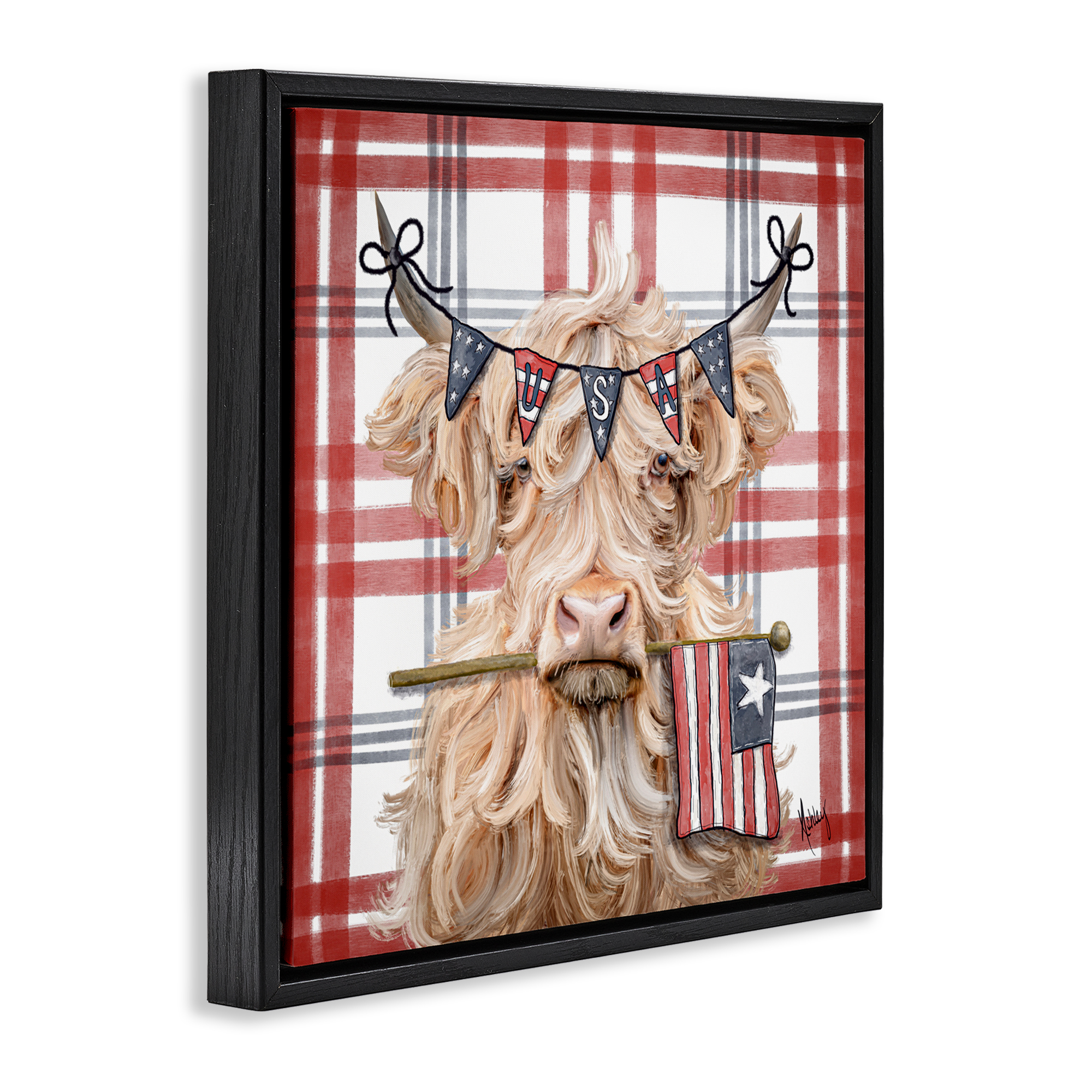 USA Plaid Highland Cattle Black Framed Floater Canvas Wall Art, design by Ashley Bradley