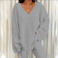 thumbnail image 2 of 2pcs/set Women Solid Tracksuits Set V Neck Loose Tops + Long Pants Loungewear Pajamas Sets, 2 of 3