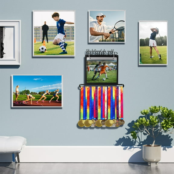 Ikoopy Metal Medal Hanger Display for Runners Wall Mounted Race Bib Holder Displays Over 40 Medals and 20 Race Bibs for Athletes