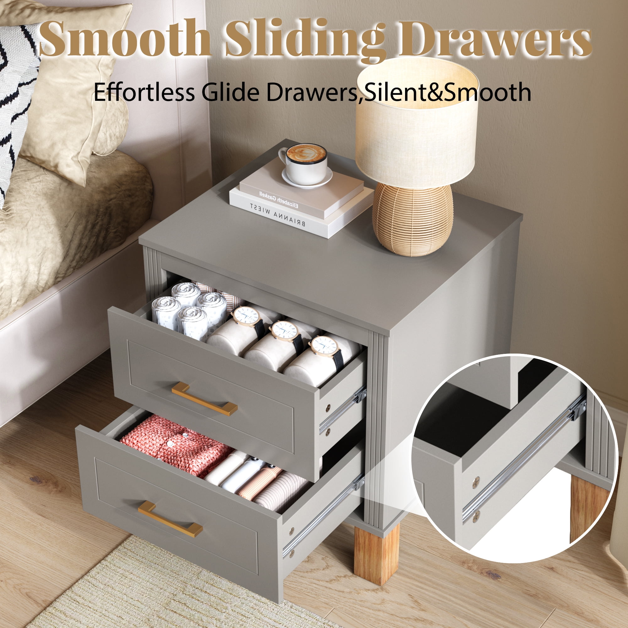 2 Drawer Nightstand, Fluted Design Bedside Table with Solid Wood Legs & Metal Handles, MDF Frame Storage Cabinet, Tall End Table for Bedroom Living Room