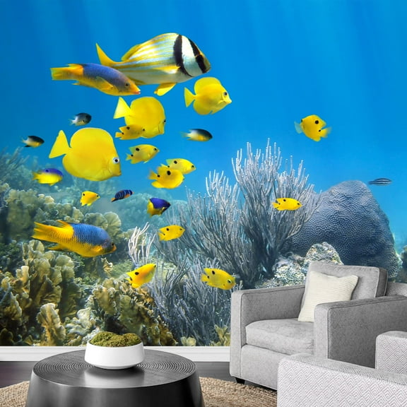 wall26 - Underwater Coral Reef Scenery with Colorful School of Fish - Removable Wall Mural | Self-Adhesive Large Wallpaper - 66x96 inches