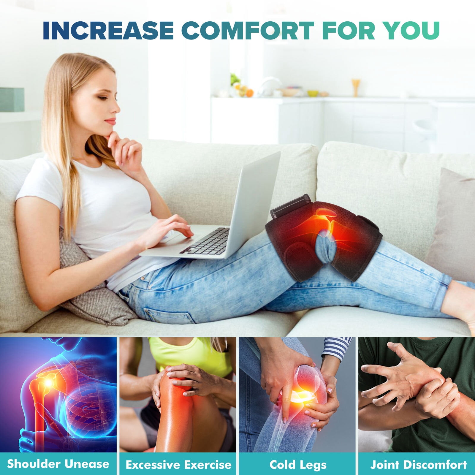 Heated Knee Massager, Cordless Knee Heating Pad, 3 in 1 Knee Elbow Shoulder Heated Massager with 3 Level Heating & Vibration, 4000mAh Battery for Relax Muscle, Black