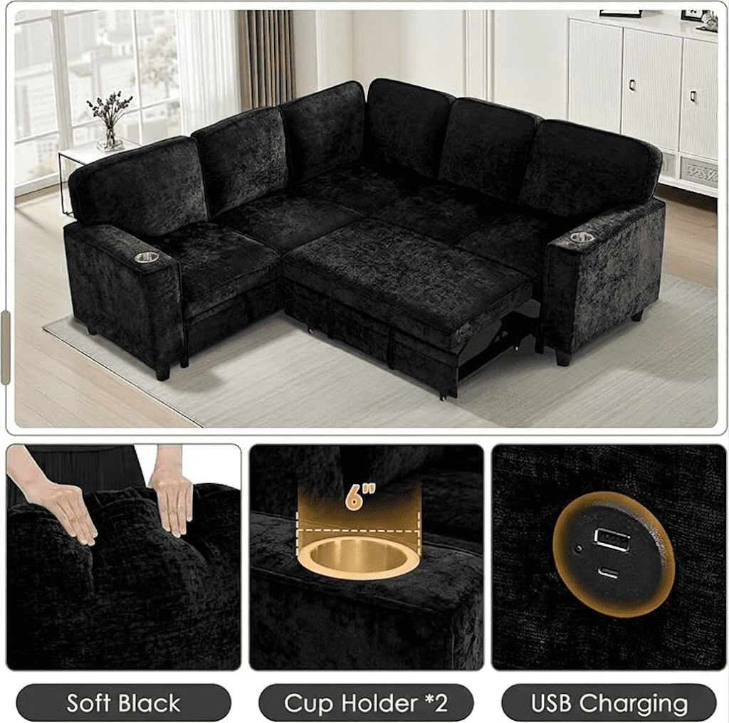 Howcool Modular Sectional Sleeper Sofa, 81" L-Shaped Oversized Cloud Couch with Pull-Out Bed, 5-Seat Chenille Sofa with Storage Chaise, USB Charging and Cup Holders for Living Room Apartment,Black