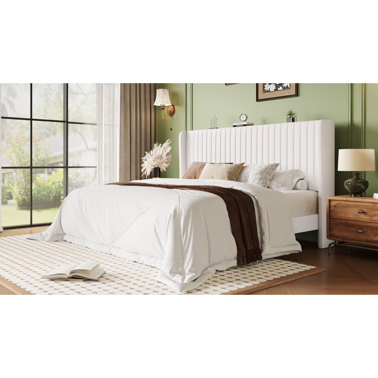 NEW　フリーチェスト　BE/BK/WAL Einfach King Bed Frame, Upholstered Platform Bed with Wingback