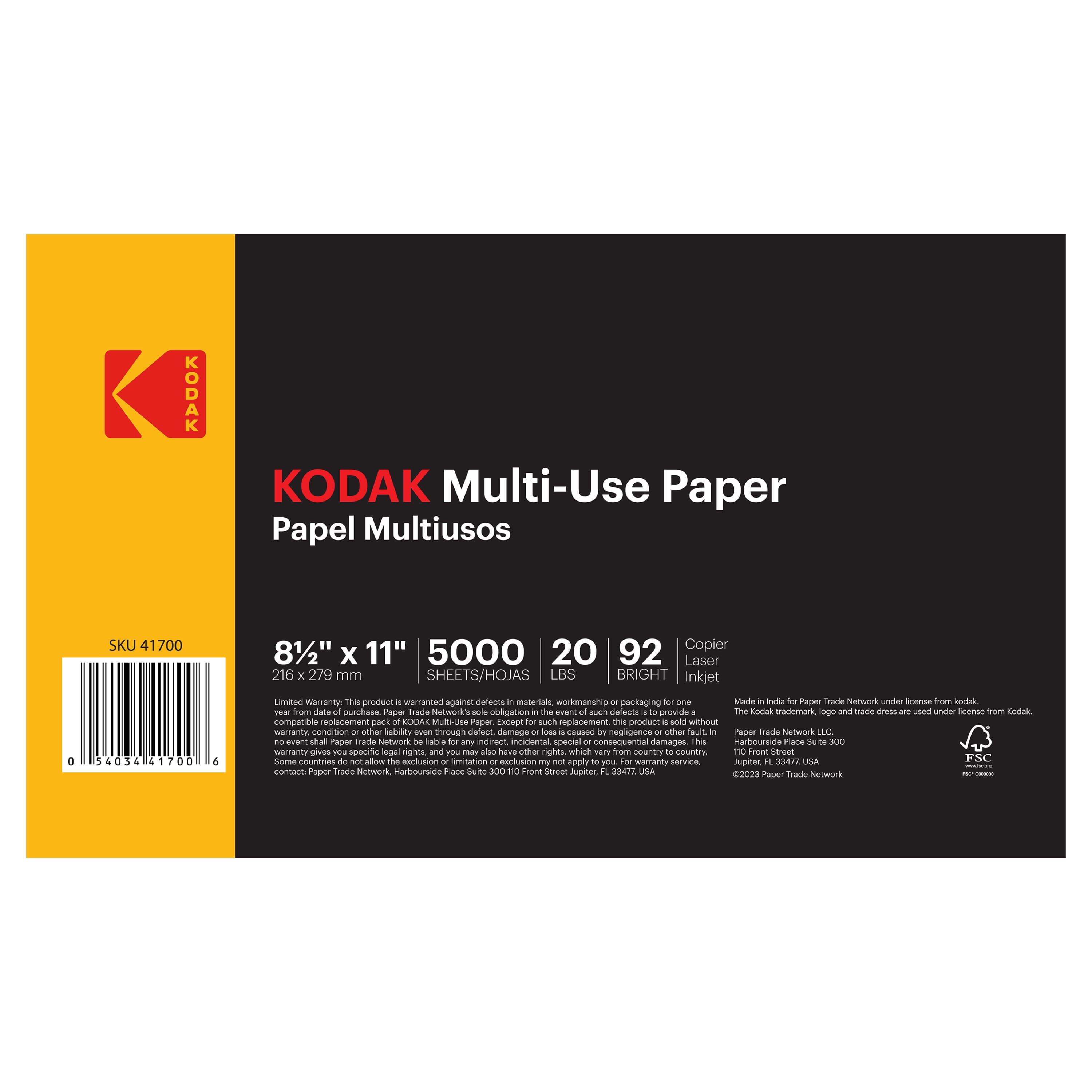 KODAK Printer Paper 20 lb Multi-Use Copy Paper 8.5 x 11, 92 Bright | Carton| 5,000 Sheets