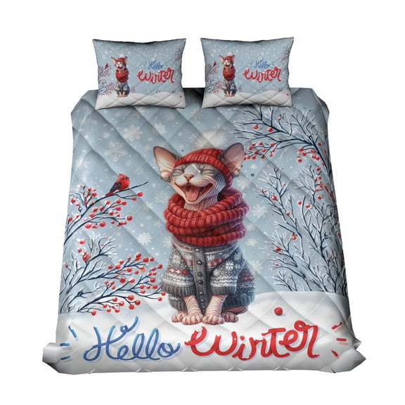 Hello Winter Sphynx Smiling in Red Scarf Hat Welcome Christmas Quilt Bedding Set Cat Lover Kitten Owner Gifts Idea 1 Blanket Bed Cover 2 Pillowcases - 00017