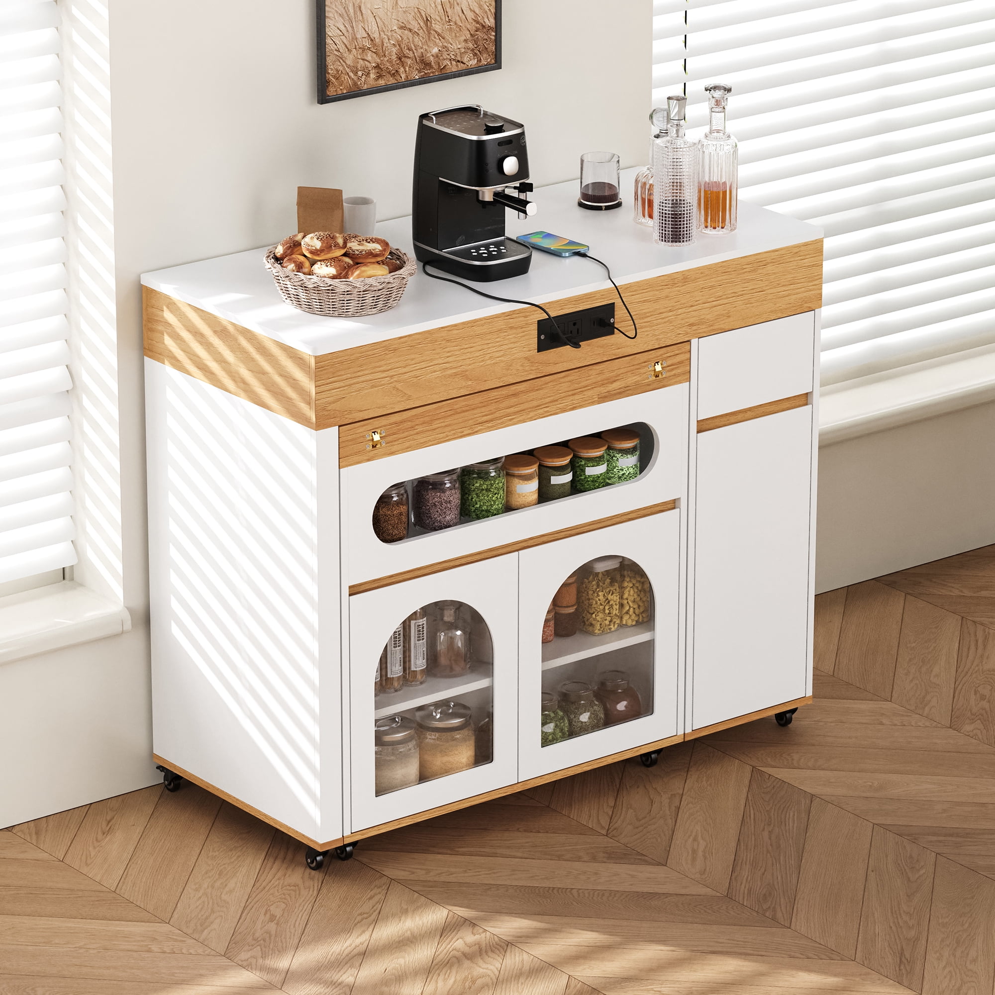 MODERNLUXE Extendable Dining Table with Extra-Long Folding Tabletop, Rolling Kitchen Island with Drawers,Power Outlet and Brake lock, Sideboard Storage Cabinet for Kitchen, Dining Room,Natural