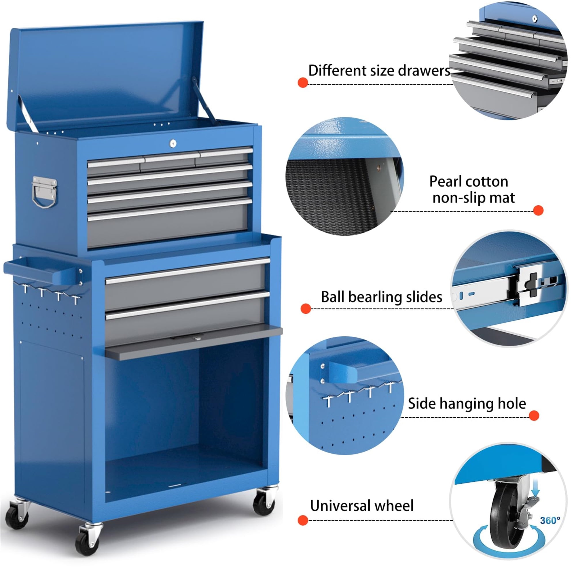 Aukfa Tool Chest, 2 in 1 Steel Rolling Tool Box & Cabinet on Wheels for Garage, 8-Drawers, Blue&Gray