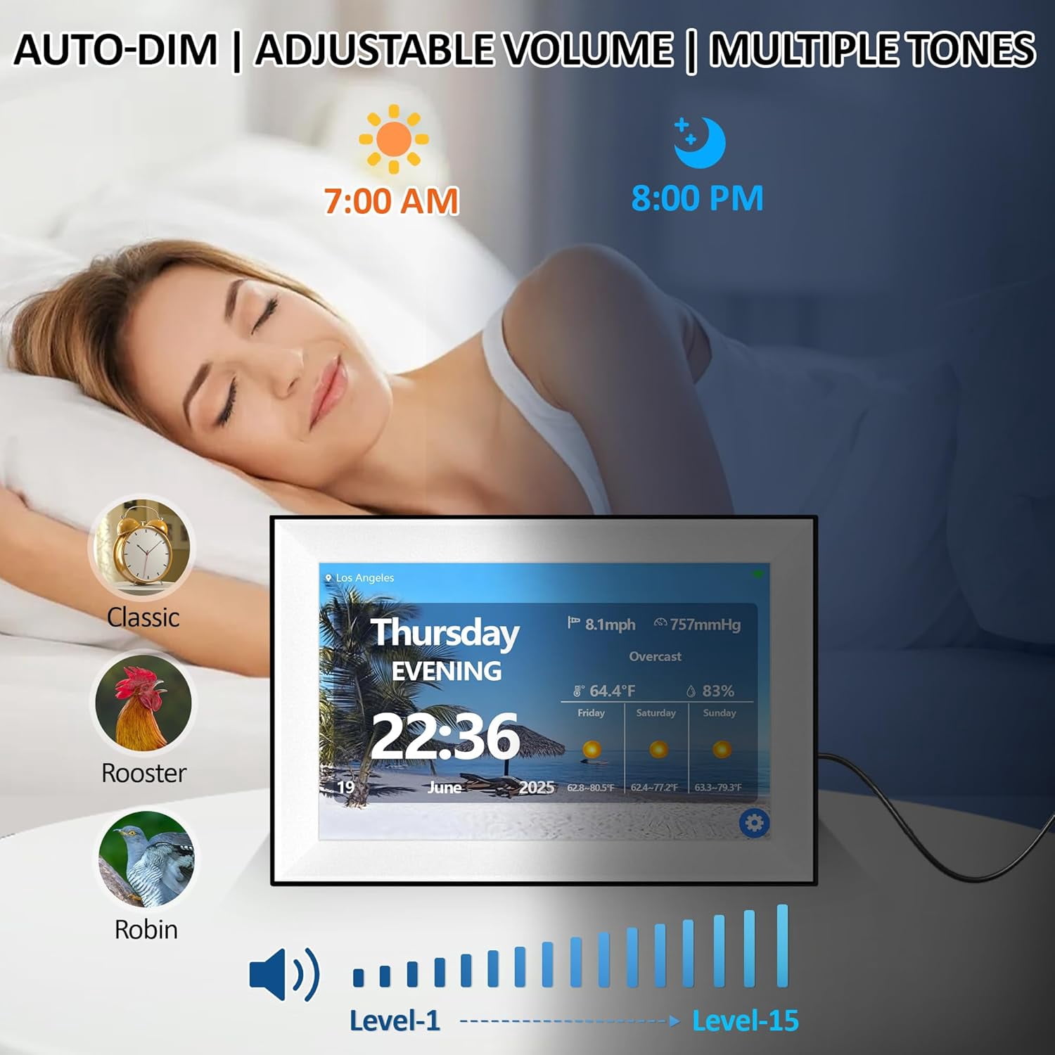 WiFi Touch Screen Digital Calendar Clock 10.1 Inch with 64 Custom Alarms Auto-Sync  Date 7-Day Weather Forecast Weekly Schedules Desk Alarm Clock for Bedroom Kitchen