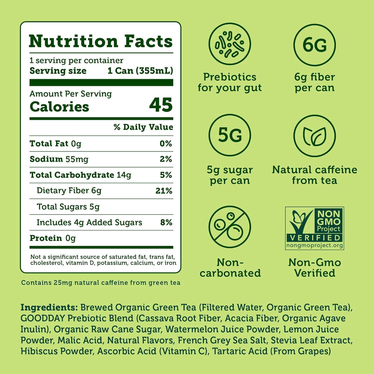 Halfday Prebiotic Watermelon Half & Half Iced Tea Drink, 6g Fiber, 12 fl oz Single Can