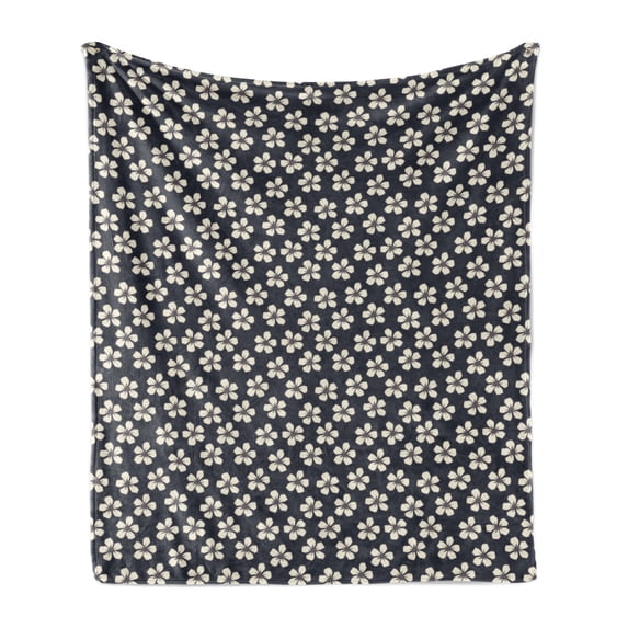Floral Soft Flannel Fleece Throw Blanket, Cherry Flowers on Dark Blue Toned Background Blooming Spring Nature, Cozy Plush for Indoor and Outdoor Use, 60" x 80", Dark Blue Grey Ivory, by Ambesonne