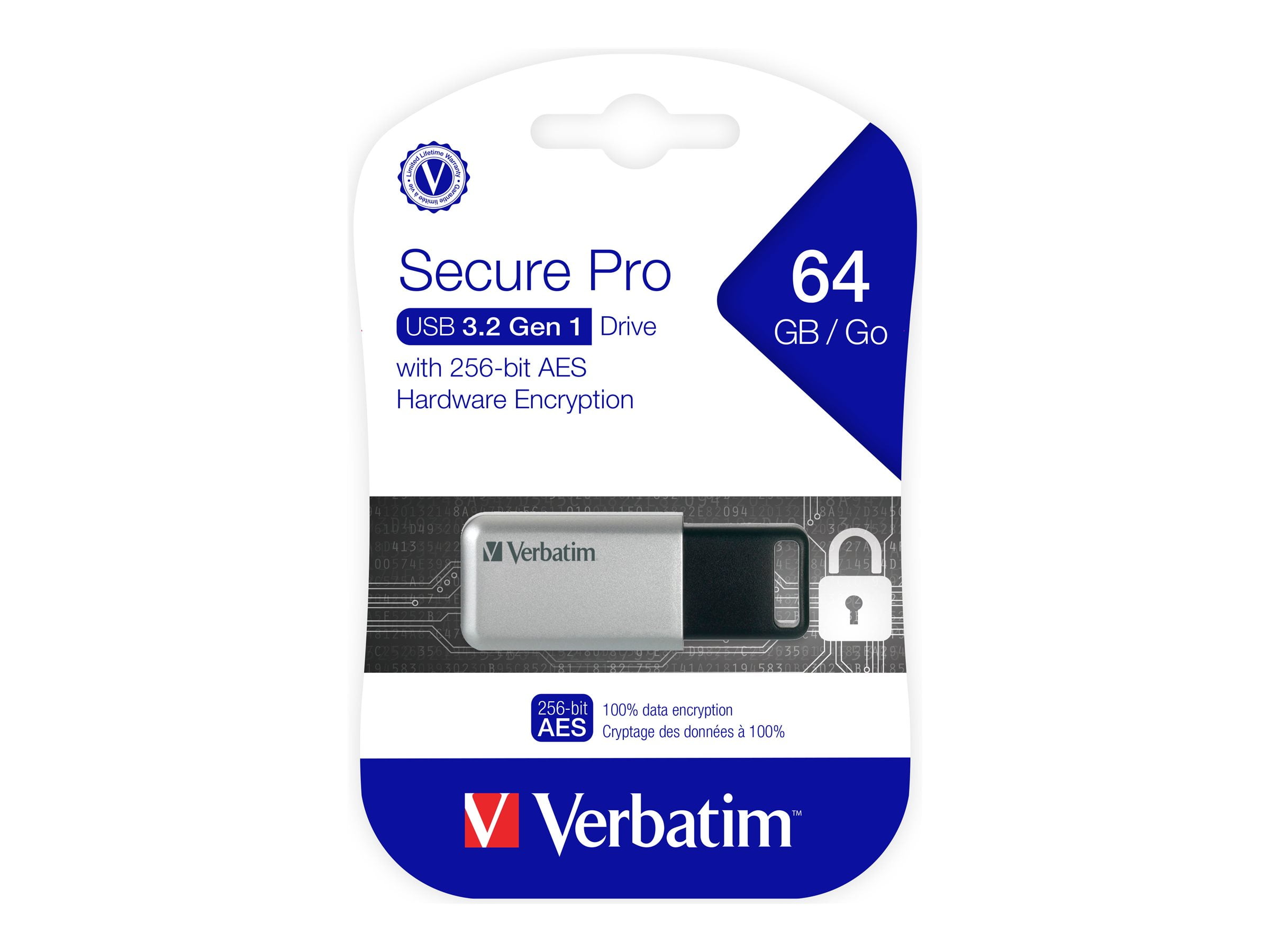 Verbatim 64GB Store 'n' Go Secure Pro USB 3.0 Flash Drive with AES 256 Hardware Encryption - Silver 64 GB