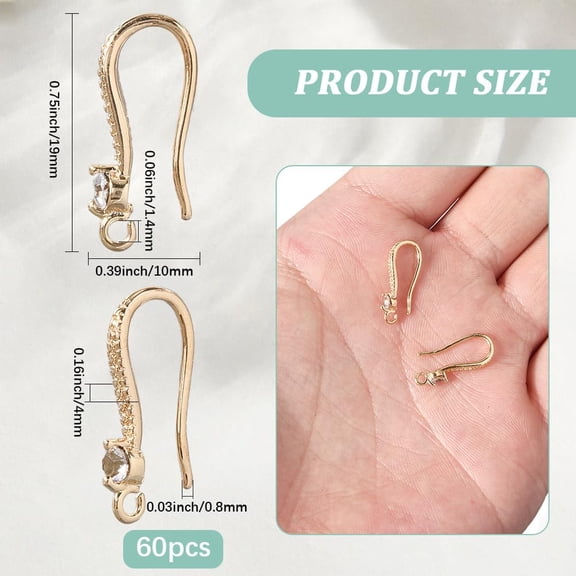 1 Box 60Pcs Gold Earring Components French Ear Wires Brass Golden Dangle Findings with Open Loop Hole Rhinestone Earwire Drop Earrings Hooks for Jewelry Making Art DIY Crafts Supplies